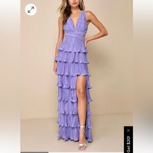 Purple tiered maxi dress “Beauty Icon Lavender Satin Pleated Tiered Maxi Dress”